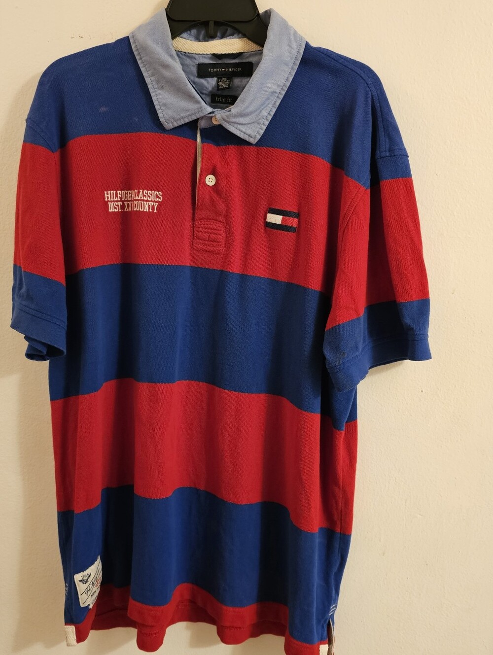 Tommy Hilfiger Men’s Red and Blue Striped Polo with Light Blue Chambre Collar